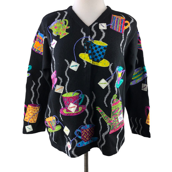 Design Options Sweaters - Design Options Philip & Jane Gordon Tea Kettle Novelty Cardigan Ramie Blend XL